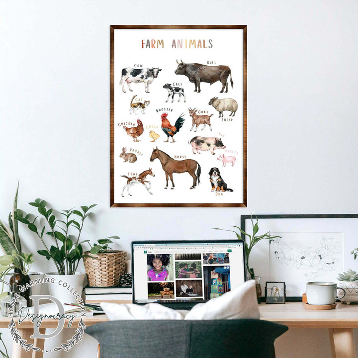 Framed farm animals wooden poster with cow, bull, rooster, pig, horse, and dog animal pictures