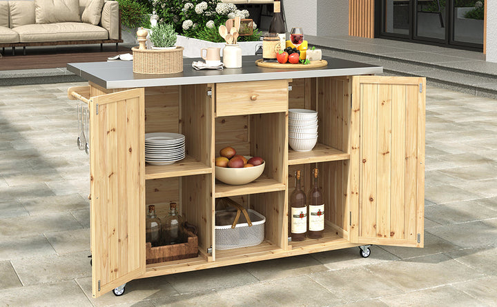 Fir Wood Kitchen Island with Stainless Steel Top