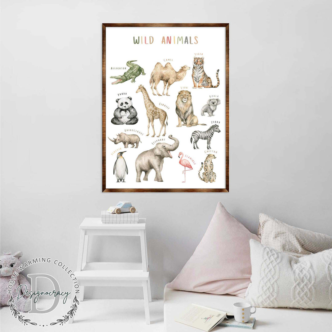 Framed wild animals poster with multiple labeled animal sketches and "Wild Animals" heading