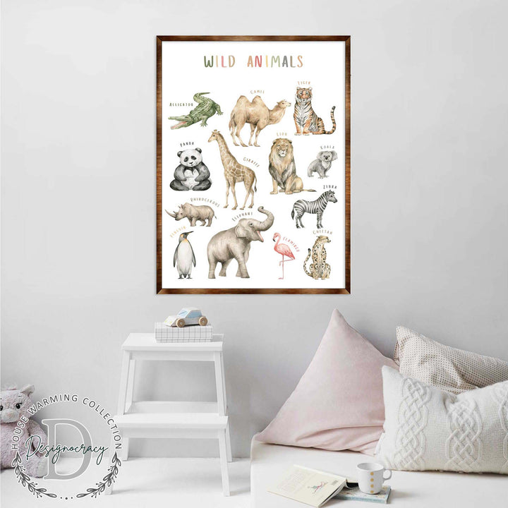 Framed wild animals poster with multiple labeled animal sketches and "Wild Animals" heading