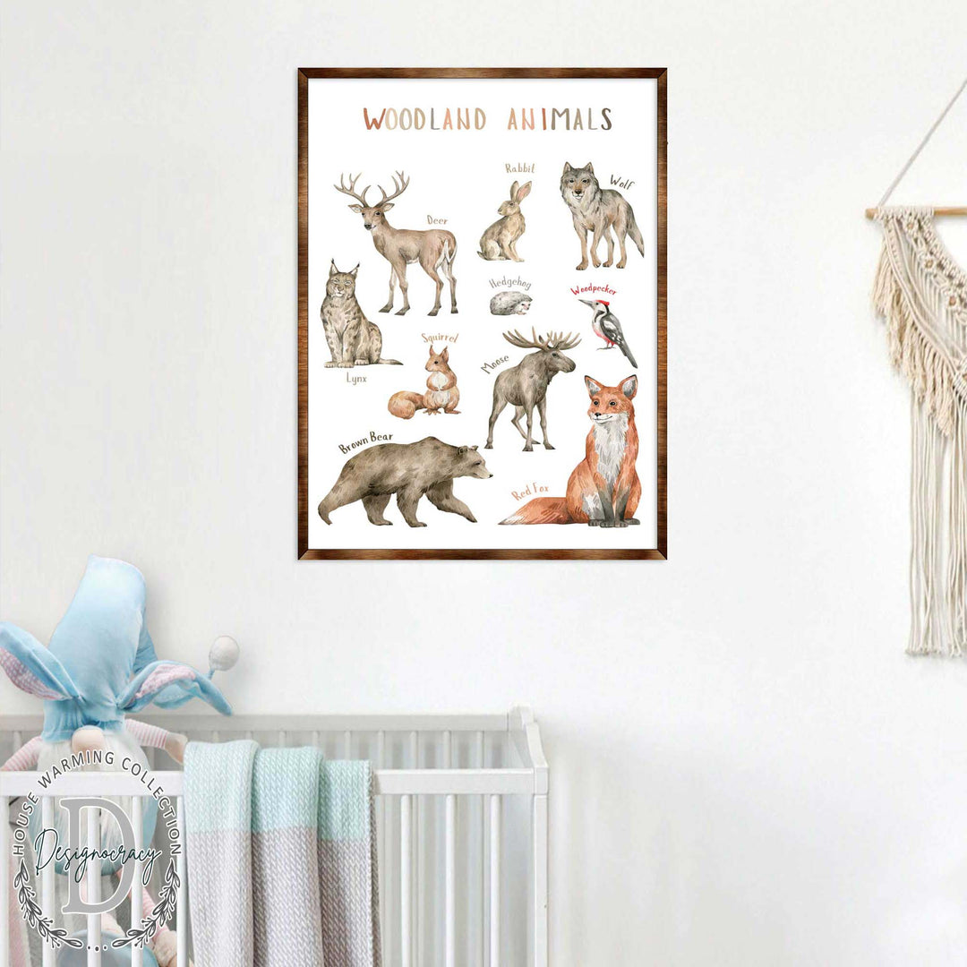 Framed woodland animals poster print with labeled animals like deer, wolf, hedgehog, and rabbit
