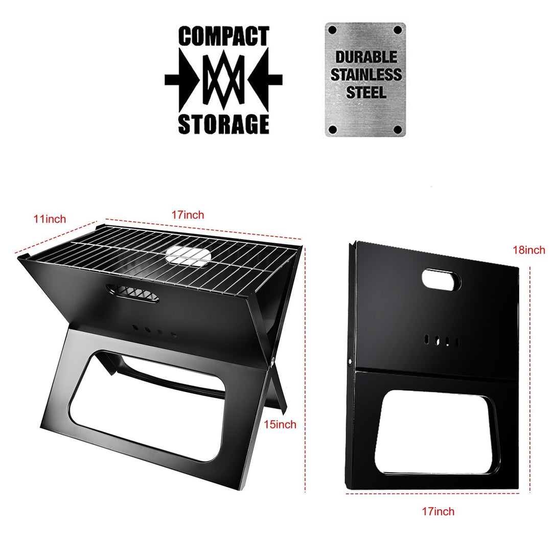 Foldable charcoal grill with dimensions shown: open and folded views, black
