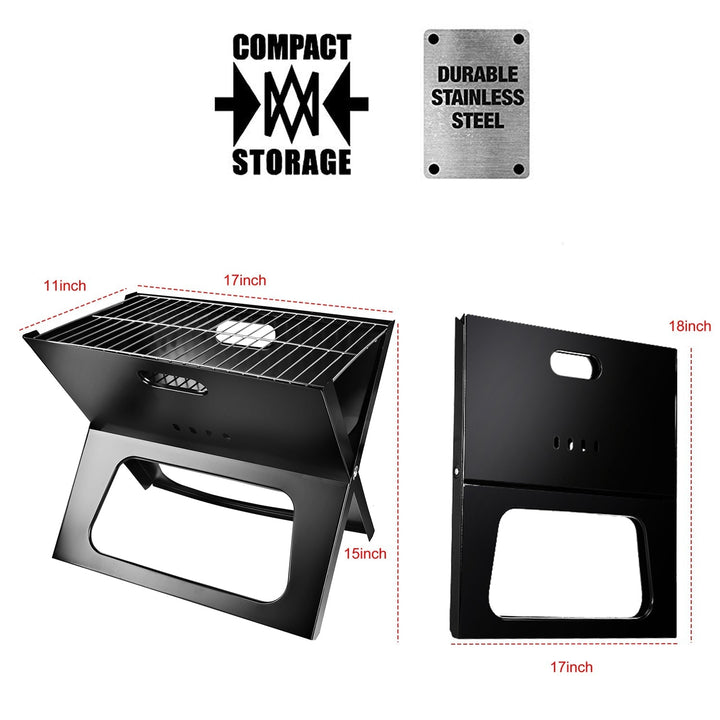 Foldable charcoal grill with dimensions shown: open and folded views, black