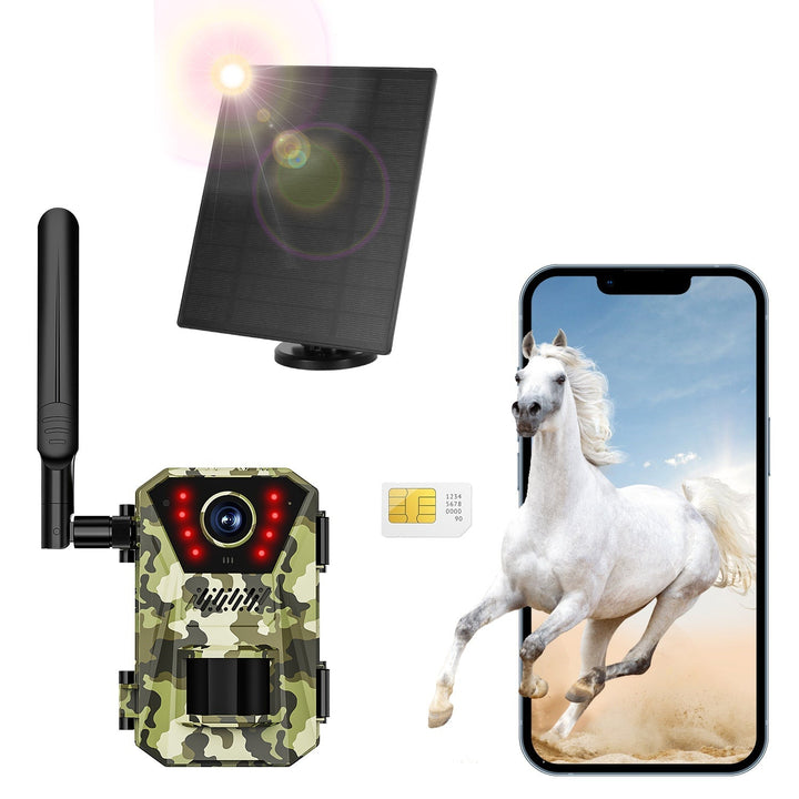 Solar trail camera with camouflage housing, solar panel, and external antenna for wildlife