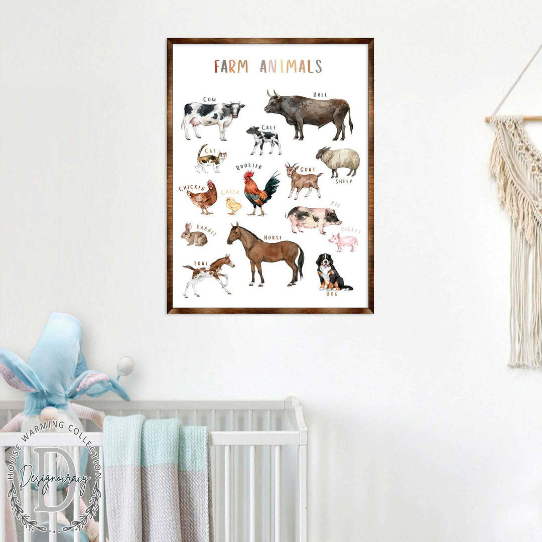 Framed farm animals wooden poster featuring cow, bull, rooster, pig, horse, and dog animals