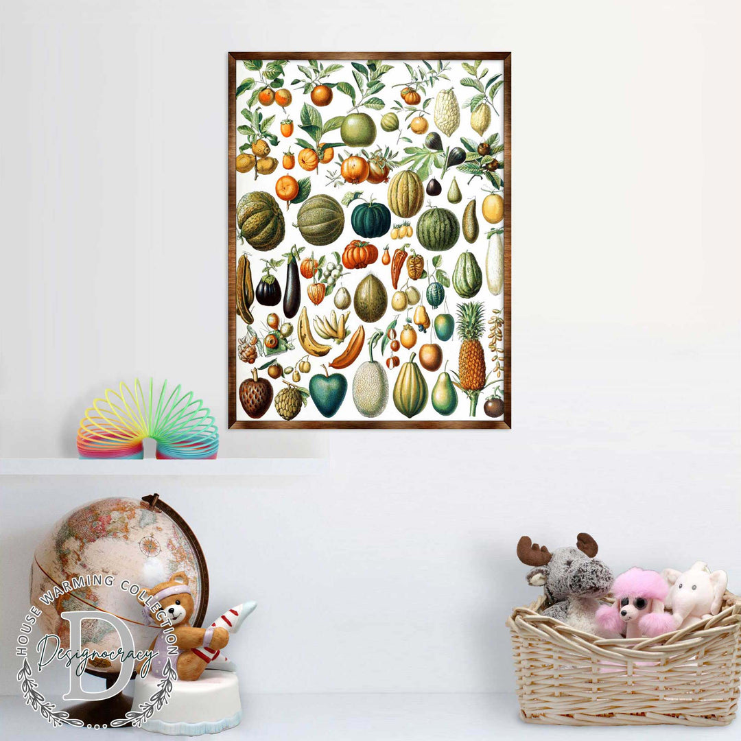 Framed fruit-themed wooden kids poster with colorful illustrated fruit and leaf details