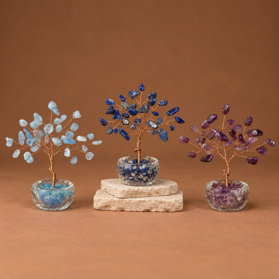 Three blue, light blue, and purple crystal wish trees with gemstone bead branches