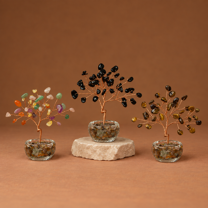 Three black, rainbow, and gold crystal wish trees with gemstone bead branches