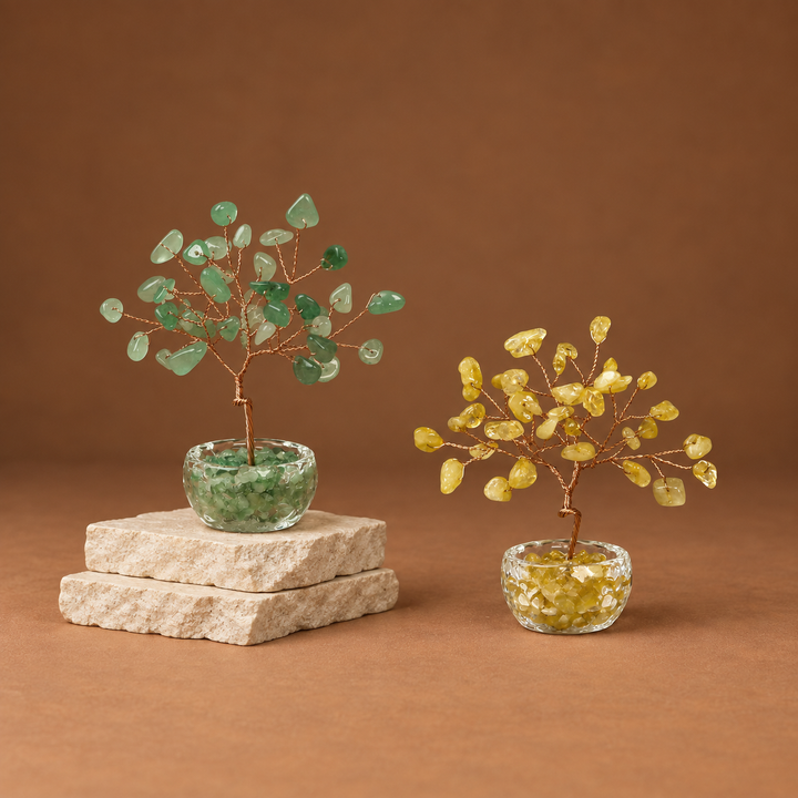 Green and yellow crystal wish trees with gemstone bead branches and stone bases