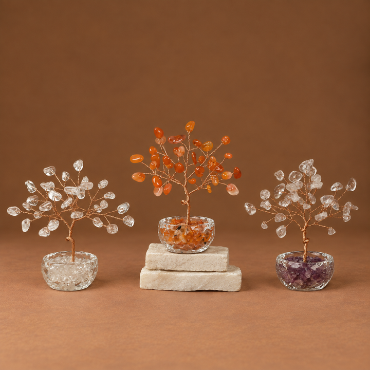 Orange and clear crystal wish trees with gemstone bead branches and glass-stone bases