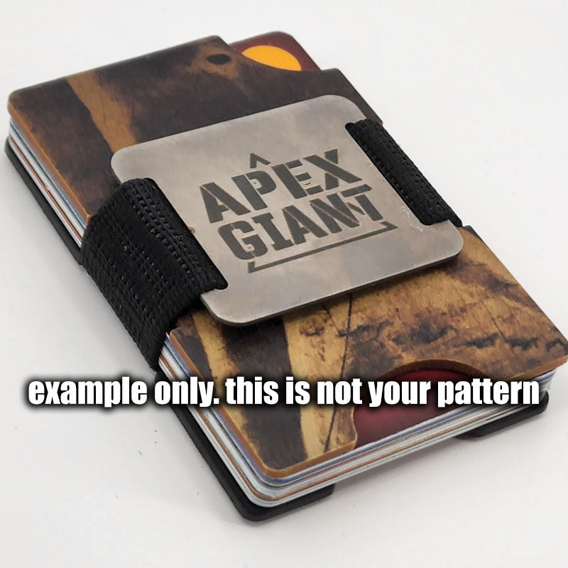 Minimalist wallet with card holder panel and black elastic straps, stacked cards visible