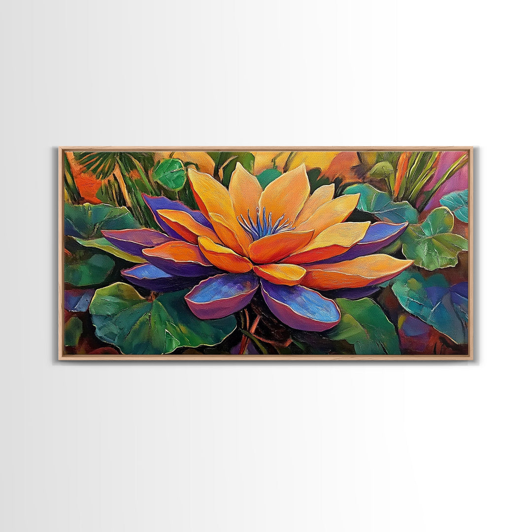 Lotus Bloom, Garden, Art, Framed Canvas Print, Vibrant lotus flower artwork, zen boho decor, meditation room or bathroom wall art