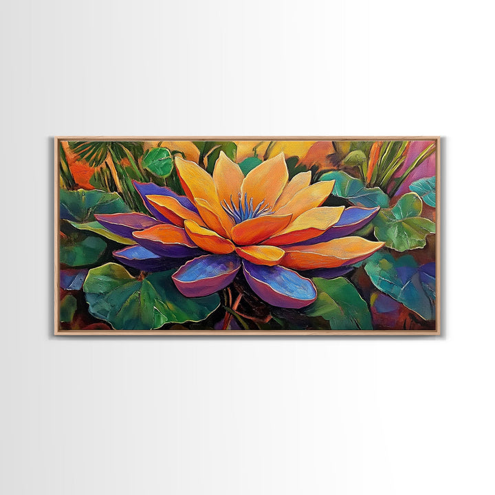 Lotus Bloom, Garden, Art, Framed Canvas Print, Vibrant lotus flower artwork, zen boho decor, meditation room or bathroom wall art