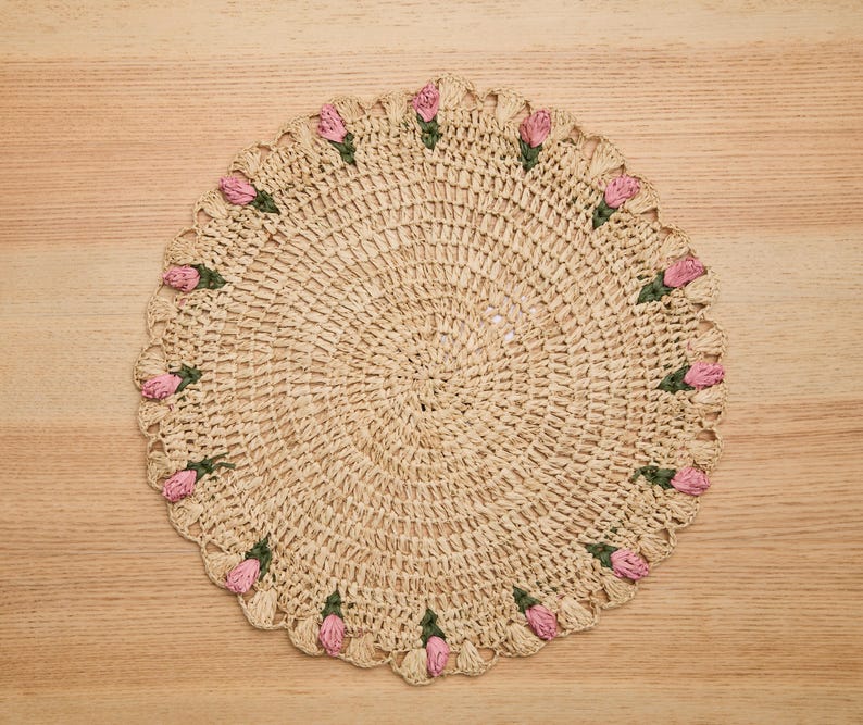 Hand-Crocheted Raffia Palm Floral Placemats (Set of 4)