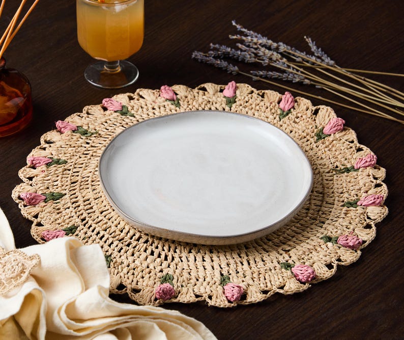 Hand-Crocheted Raffia Palm Floral Placemats (Set of 4)