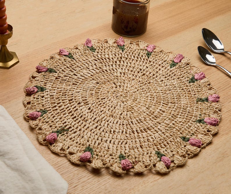 Hand-Crocheted Raffia Palm Floral Placemats (Set of 4)