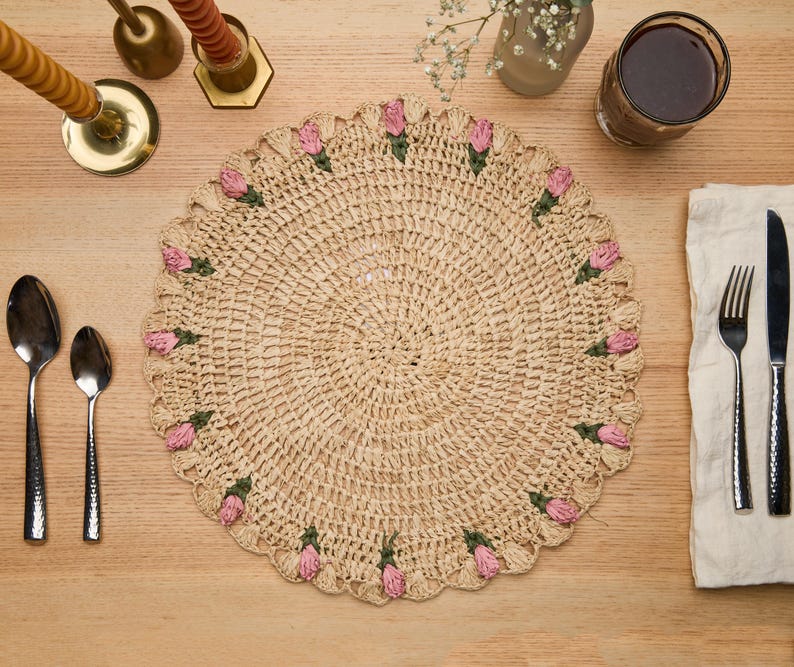 Hand-Crocheted Raffia Palm Floral Placemats (Set of 4)