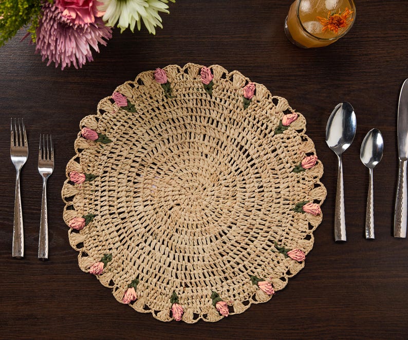 Hand-Crocheted Raffia Palm Floral Placemats (Set of 4)