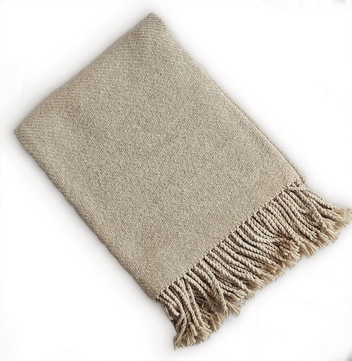 Handloomed Undyed Baby Alpaca & Peruvian Pima Cotton Light Tan Throw Blanket From Peru - Kulsi Collection
