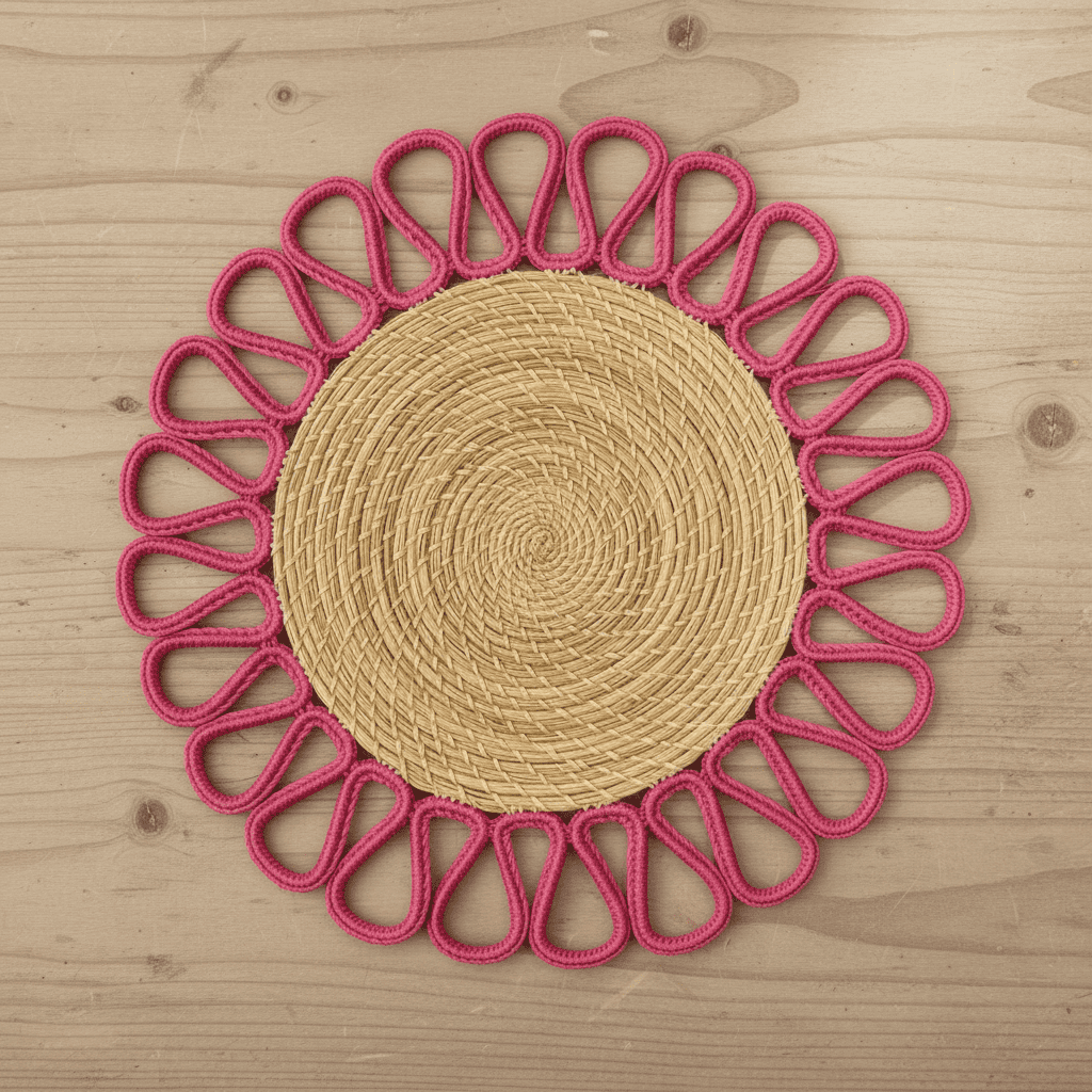 Round handwoven iraca placemat with light blue loop trim and tan woven center