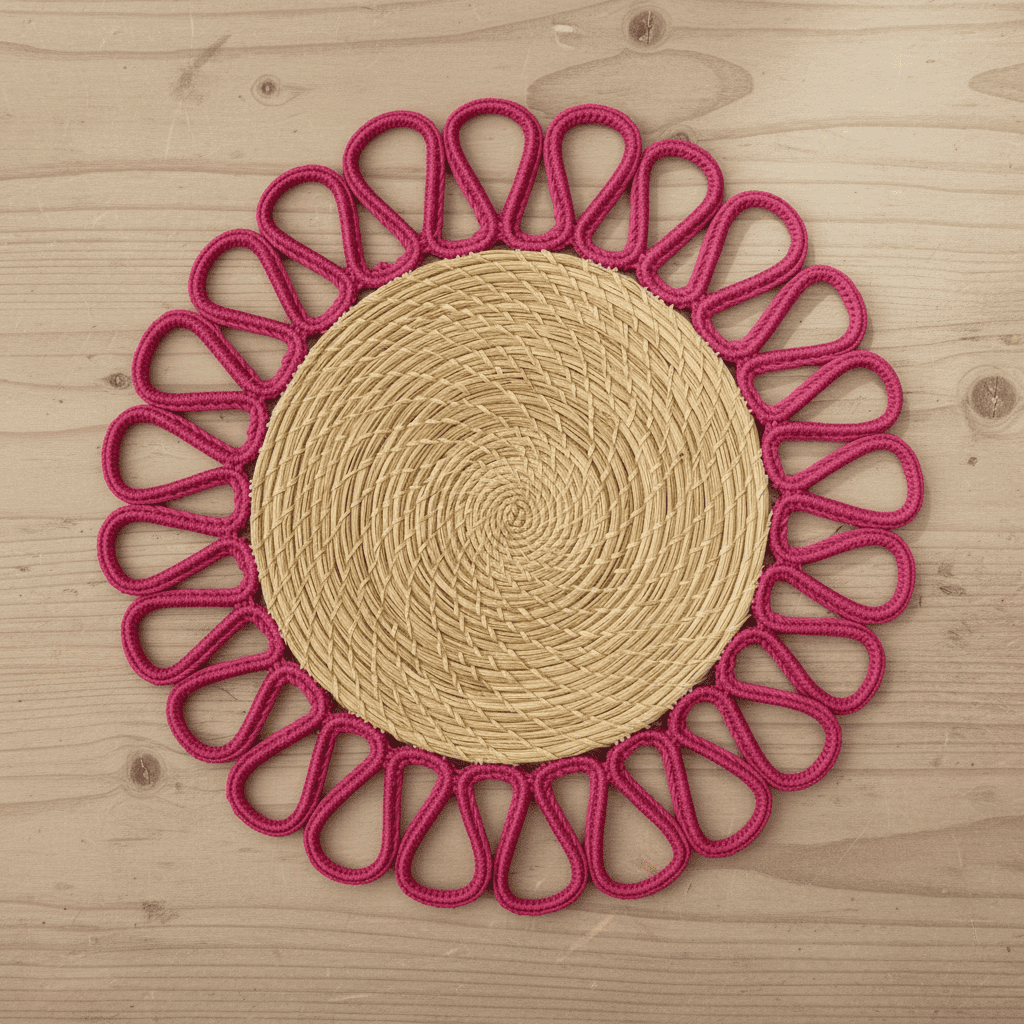 Handwoven iraca placemat with blue trim