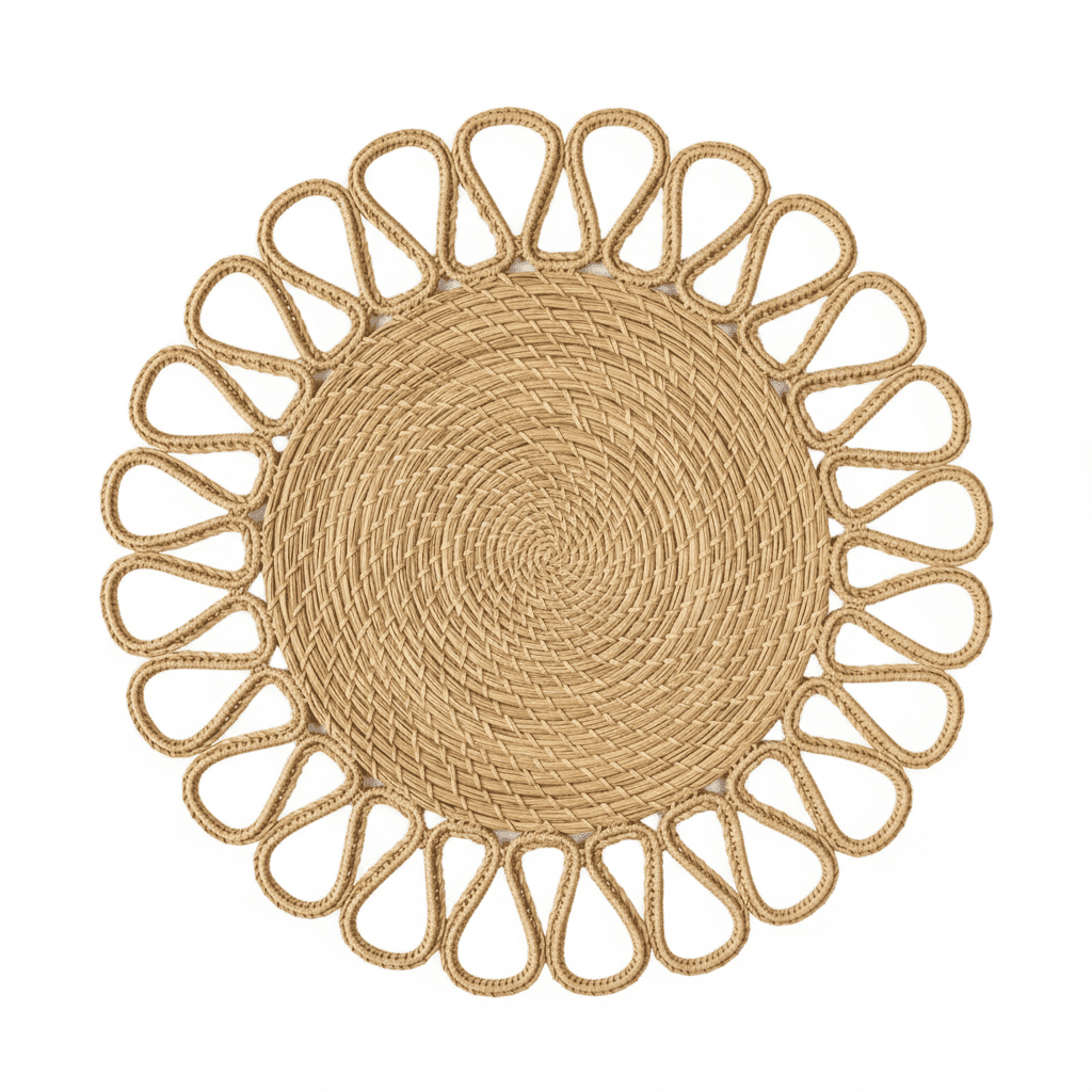 Round handwoven iraca placemat with tan loop trim and tan woven center