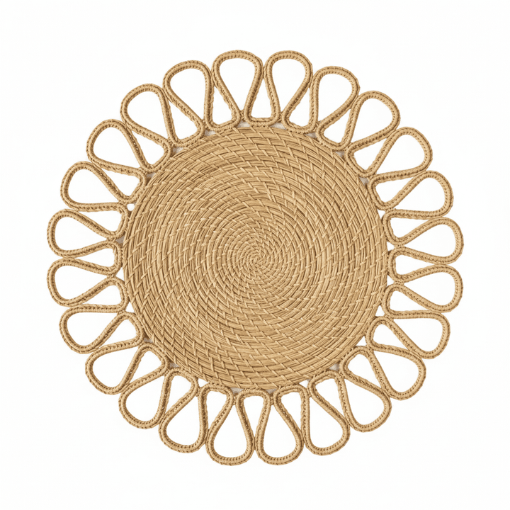 Round handwoven iraca placemat with tan loop trim and tan woven center