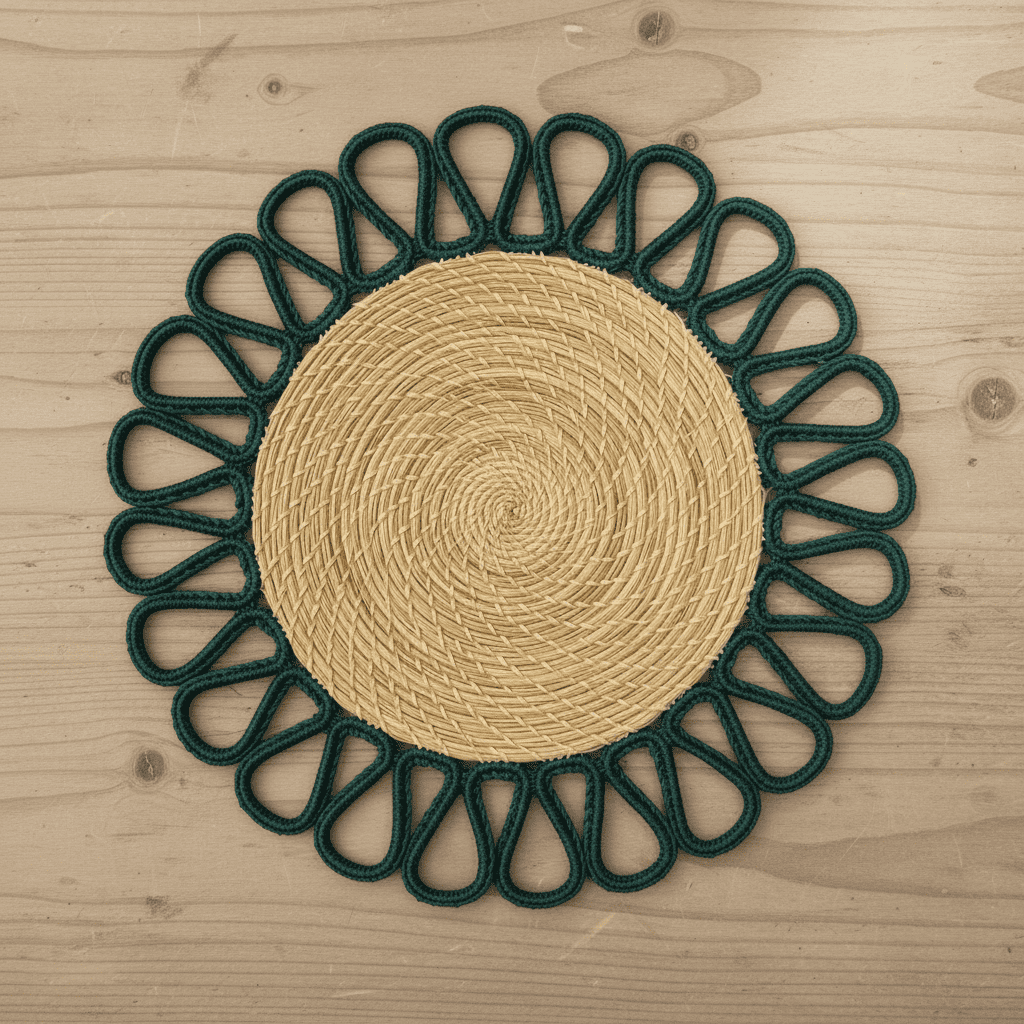 Round handwoven iraca placemat with yellow loop trim and tan woven center