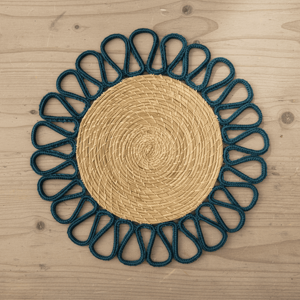 Round handwoven iraca placemat with orange loop trim and tan woven center