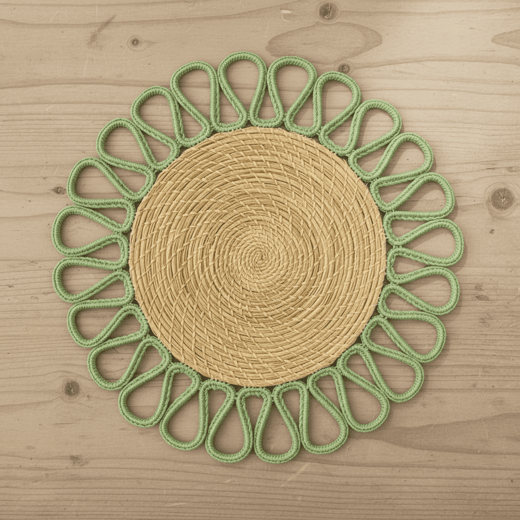 Handwoven iraca placemat with natural woven center and red loop trim