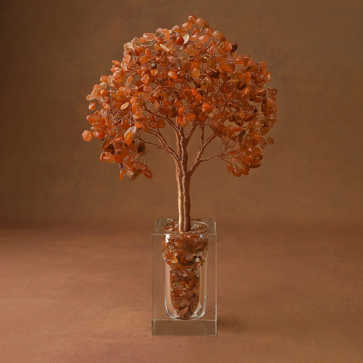 Orange crystal tree ornament with textured branches in a clear acrylic display box