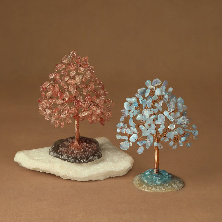 Coral and light blue crystal bead trees on round stone bases