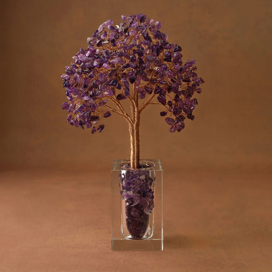 Purple crystal tree ornament with bead canopy in a clear cube base