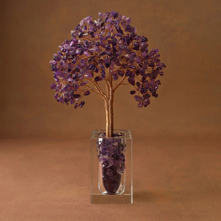 Purple crystal tree ornament with bead canopy in a clear cube base
