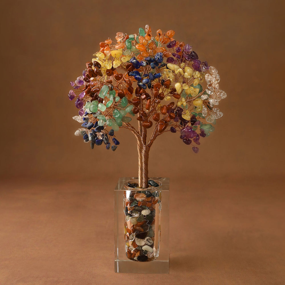 Multicolor crystal tree ornament with bead branches in a clear cube base