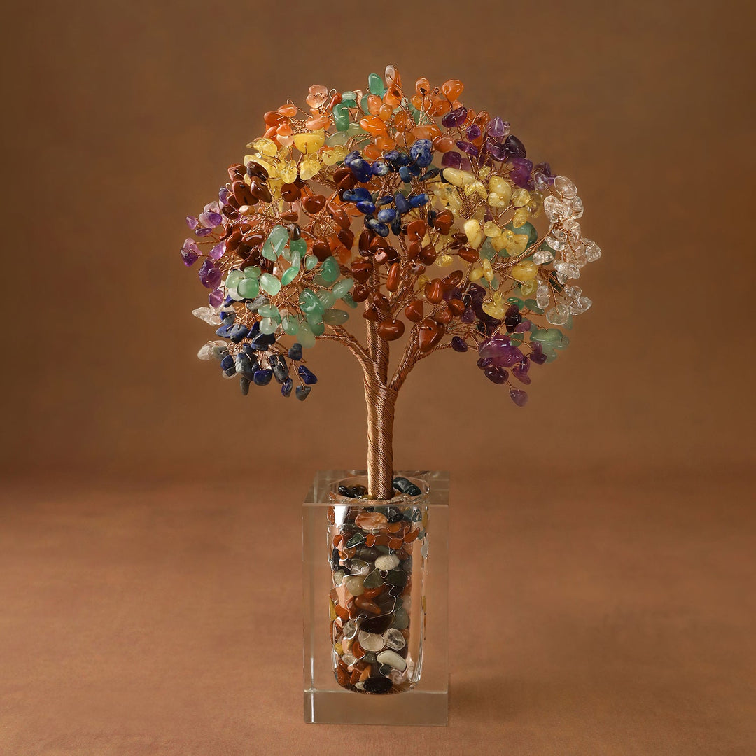 Multicolor crystal tree ornament with bead branches in a clear cube base