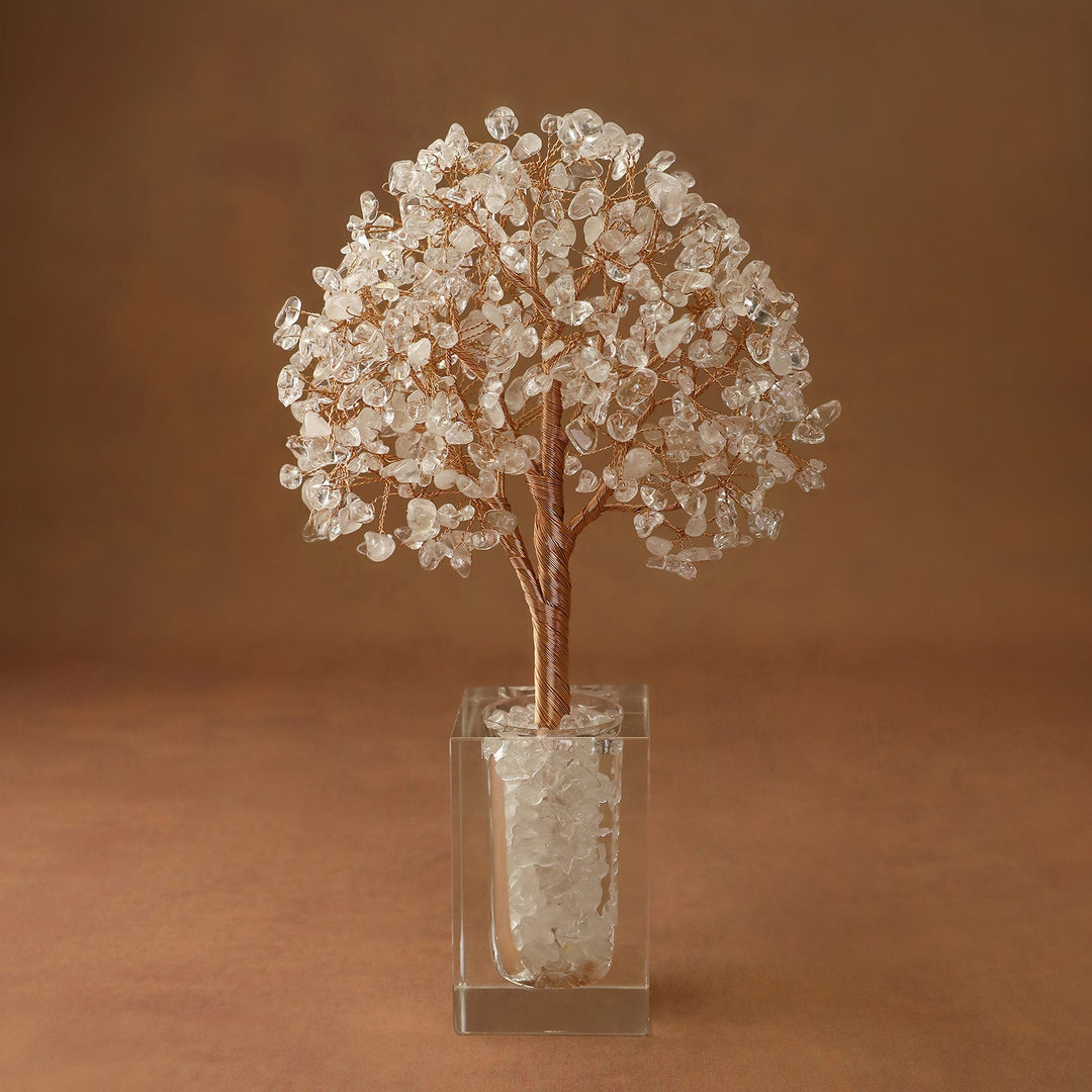 Clear crystal tree ornament with glittering branches in a clear acrylic display box