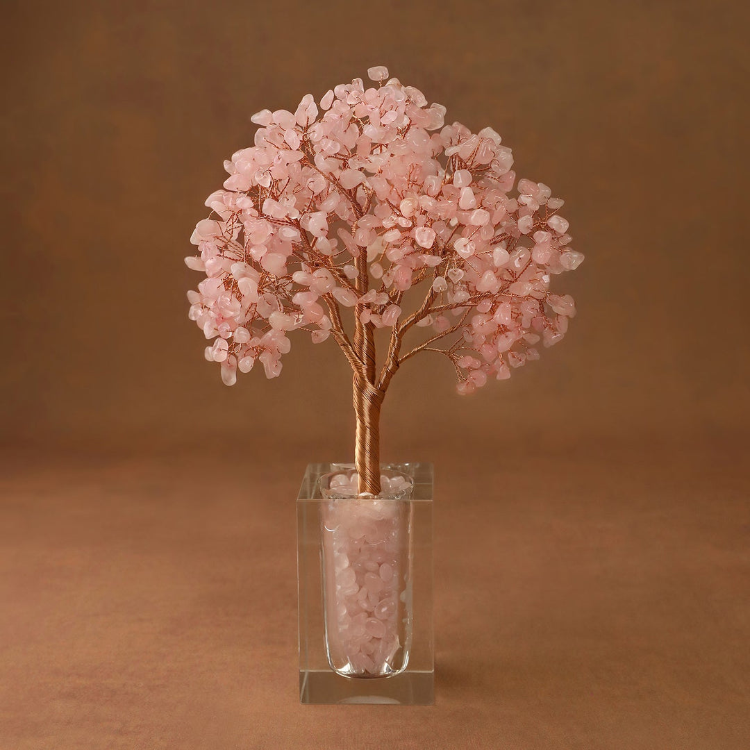 Pink crystal tree ornament with sparkling branches in a clear acrylic display box