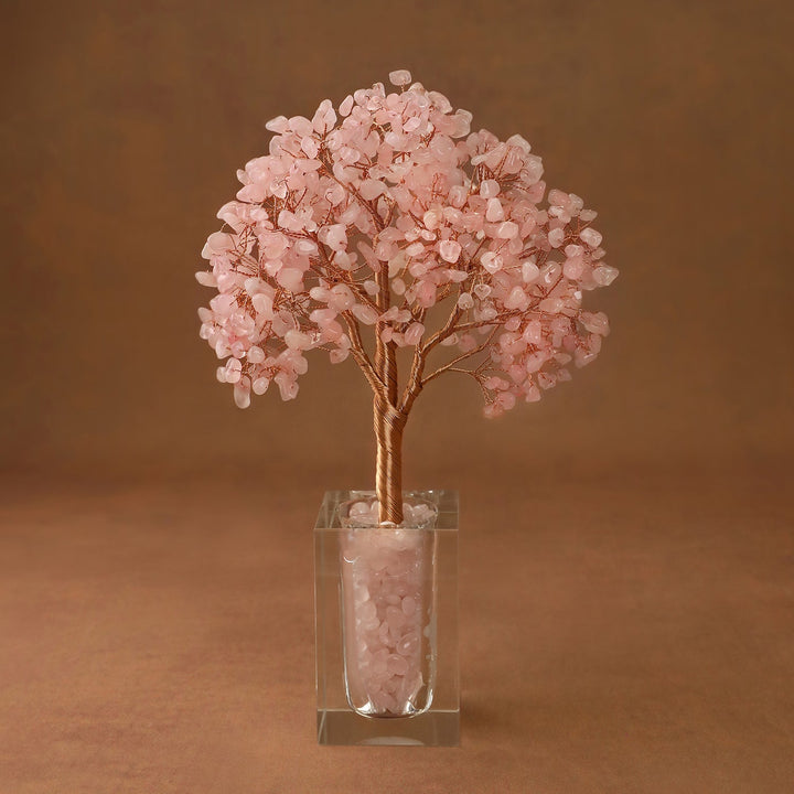 Pink crystal tree ornament with sparkling branches in a clear acrylic display box