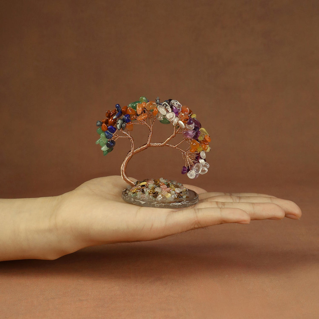 Multicolor beaded crystal tree ornament with copper wire branches and stone base