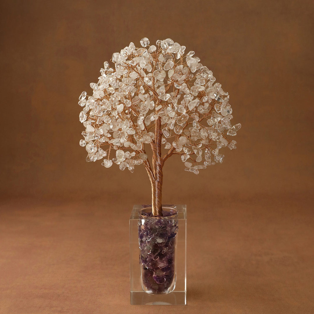Purple crystal tree ornament with sparkling branches in a clear acrylic display box
