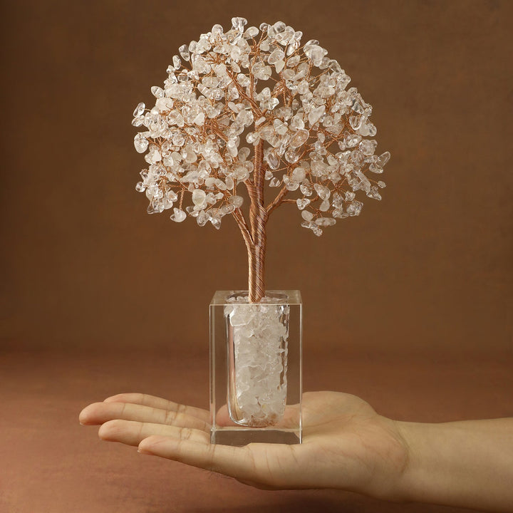 Clear crystal tree with faceted stone branches and a clear cube base