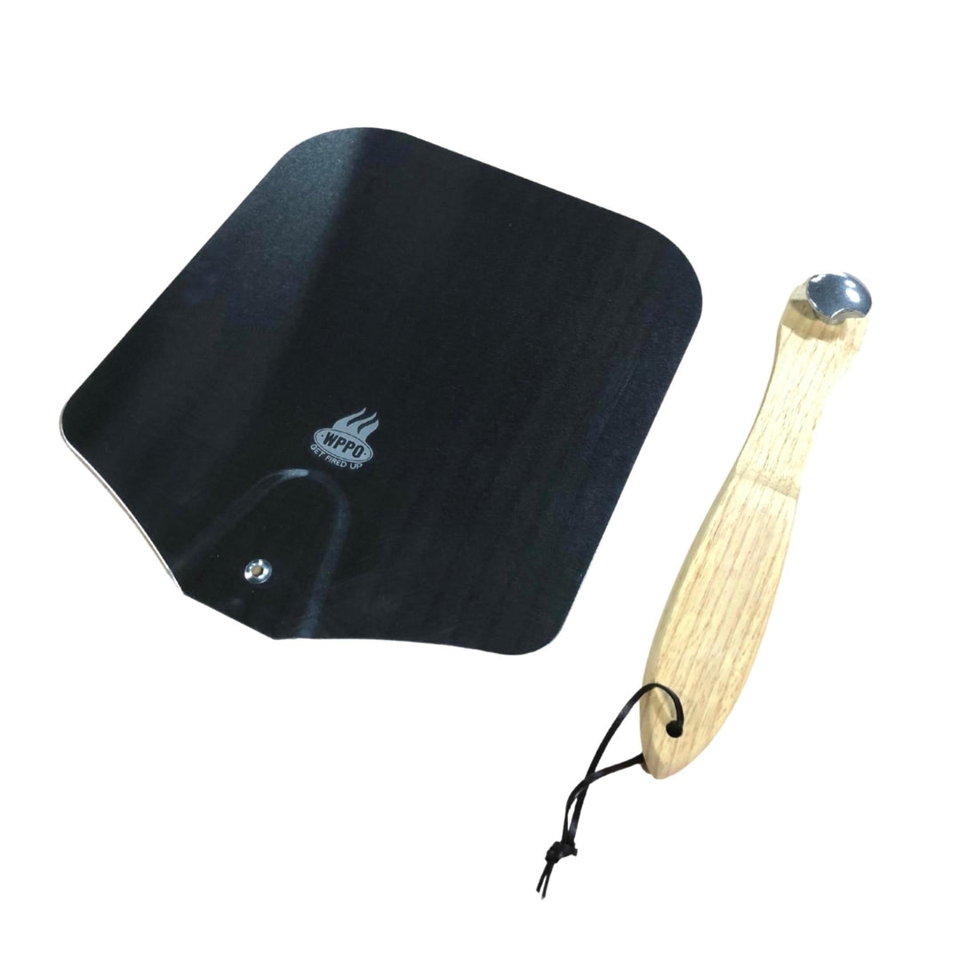 Folding pizza peel with dark metal board, wood handle, and hanging cord