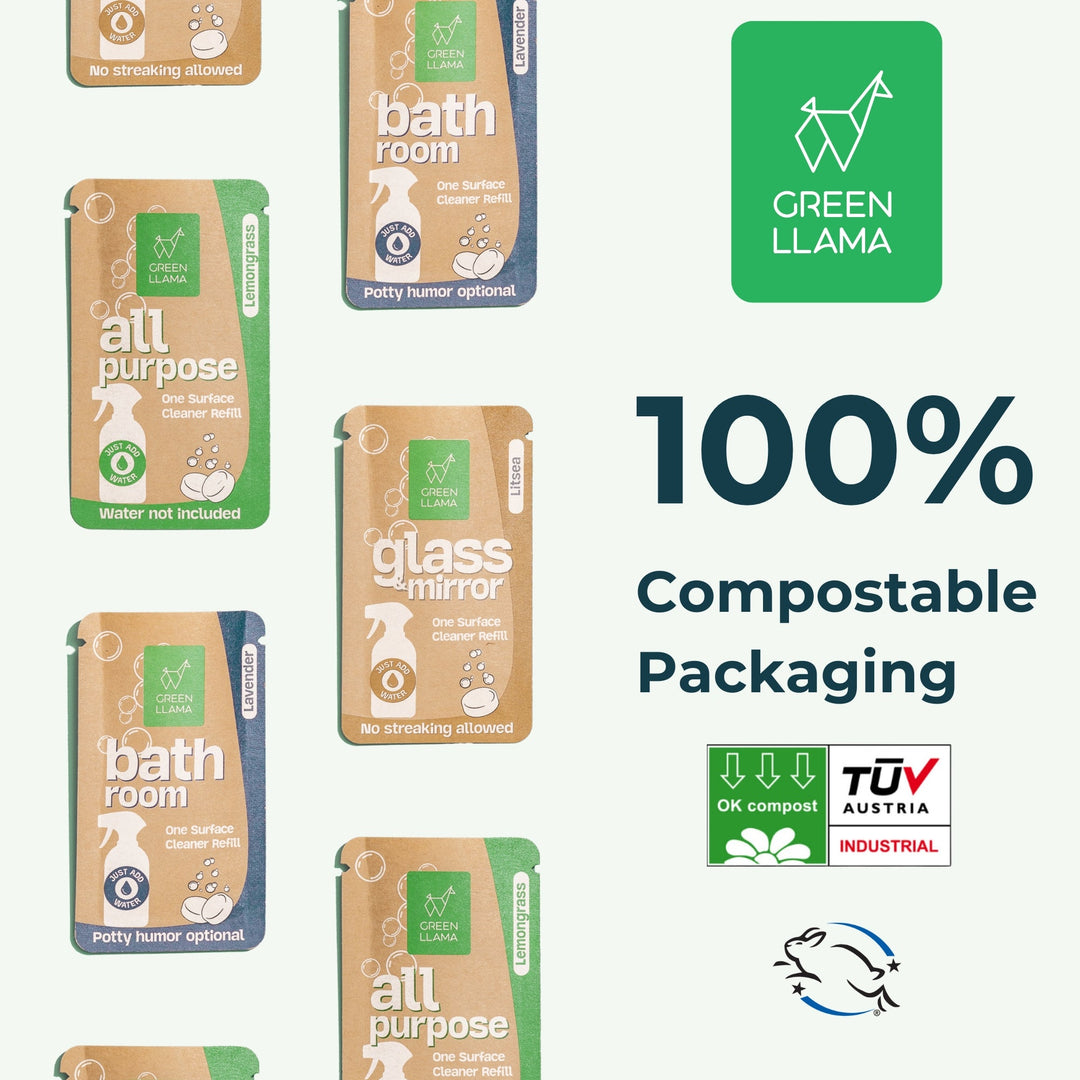 Green Llama bath room one-surface cleaner refill pack with 100% compostable packaging