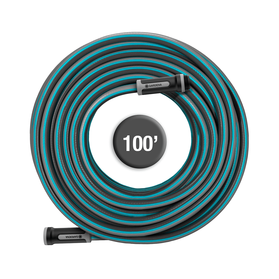 Coiled garden hose with blue/teal striped jacket and spray nozzle, 100 ft length