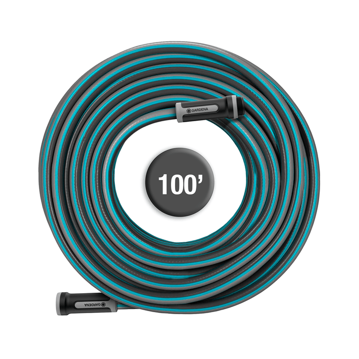 Coiled garden hose with blue/teal striped jacket and spray nozzle, 100 ft length