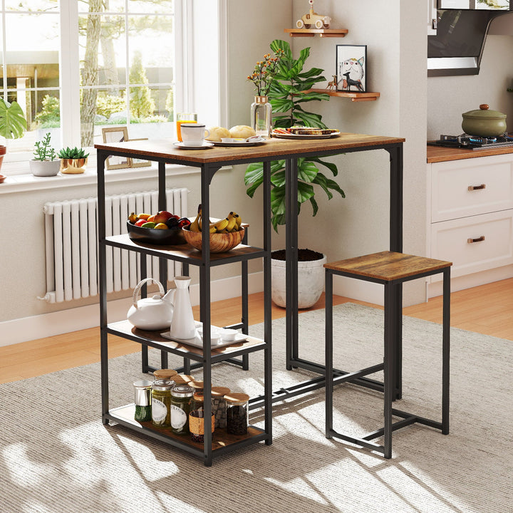 Rustic brown bar table with open shelves and two matching bar stools in dark metal frame