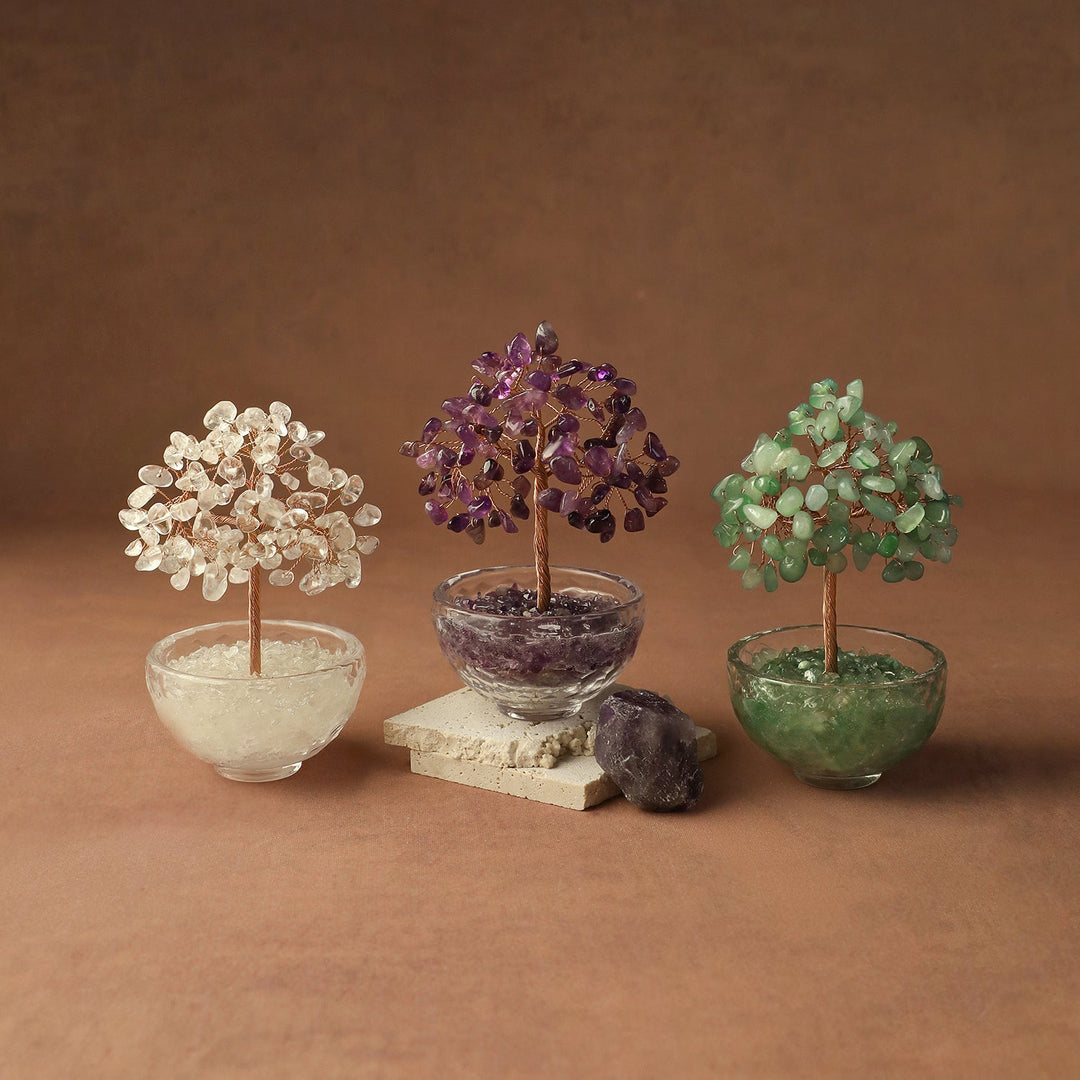 Crystal gemstone tree set with white, purple, and green beaded canopies in colored pots
