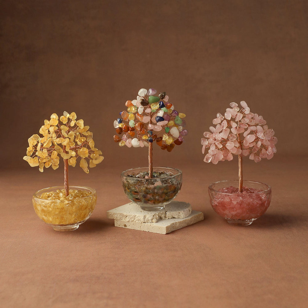 Crystal gemstone tree trio: yellow, multicolor, and pink beads in round glass pots