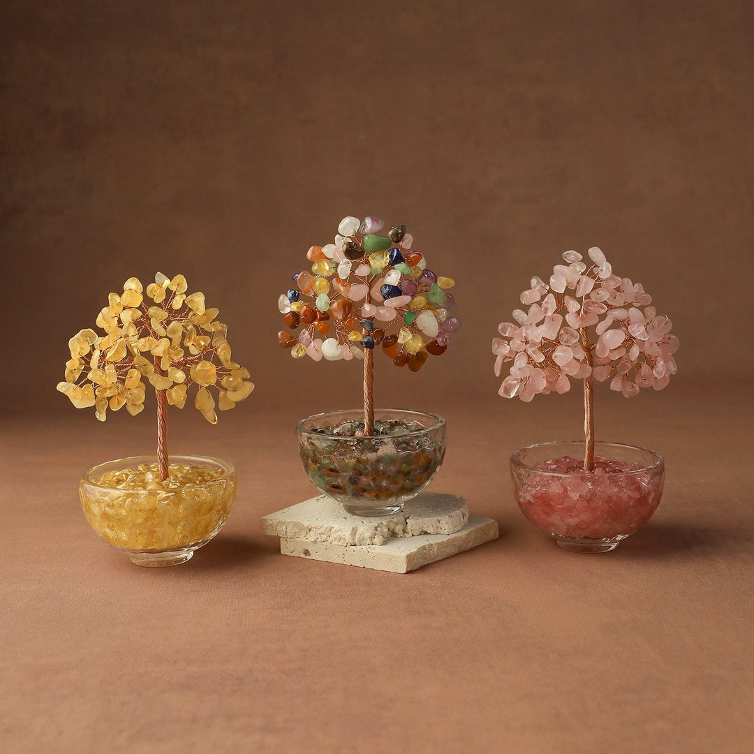 Crystal gemstone tree trio: yellow, multicolor, and pink beads in round glass pots